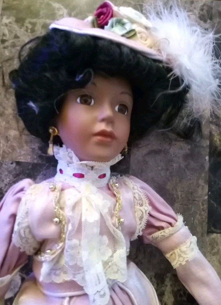 Vintage Tuss Victorian Porcelain Doll With Feathered Hat & Earrings Collectable