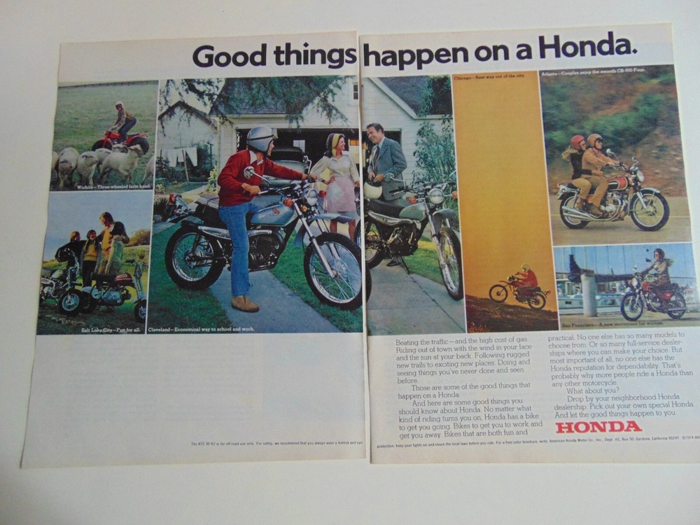 1974 Honda Motorcycles vintage print ad Good Things Happen On A Honda