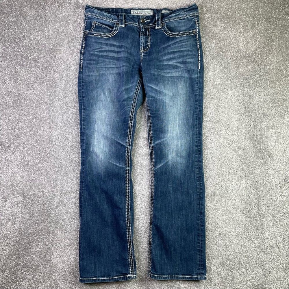 BKE Payton Jeans Women's 32X30.5 Blue Bootcut Low Rise Dark Denim Stretch