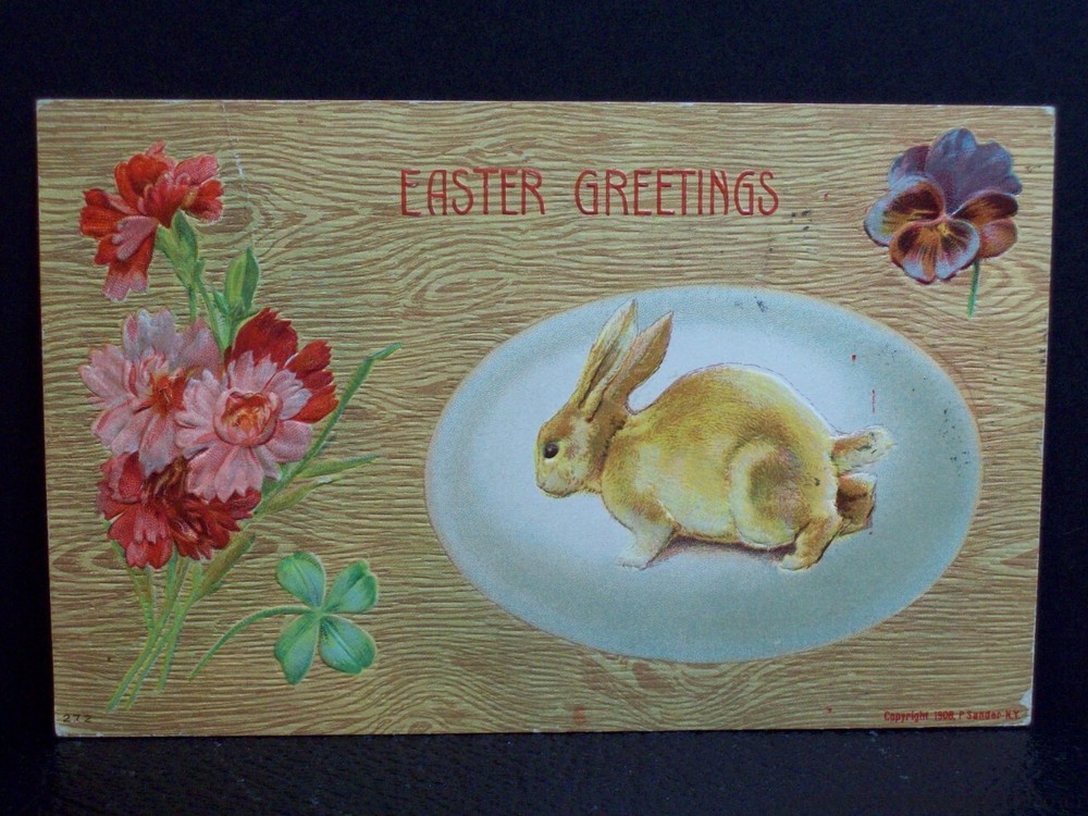 Easter Greetings Postcard Bunny Rabbit Giant Egg Flowers Four Leaf Clover Pansy