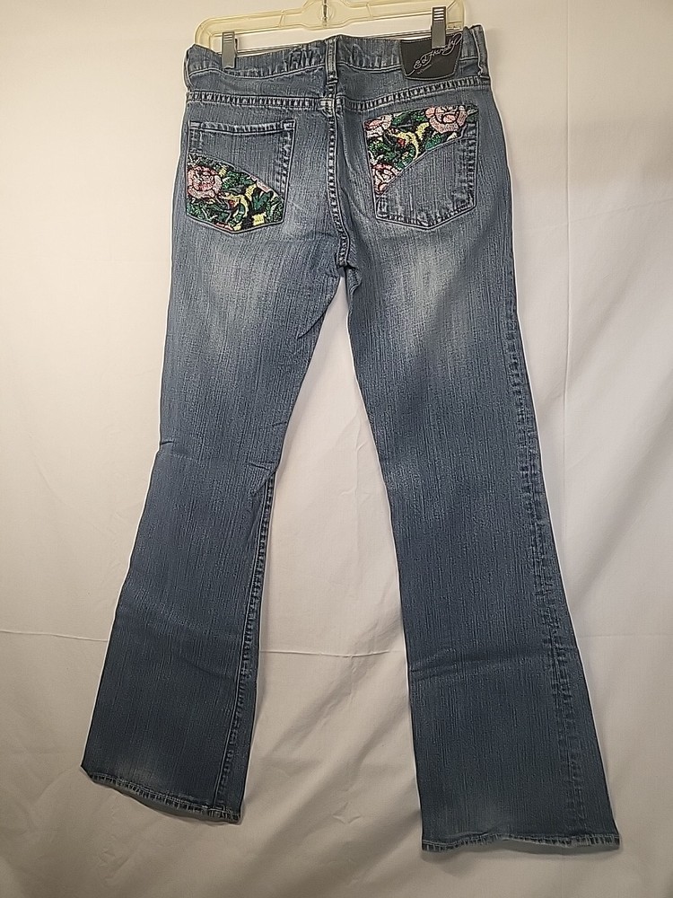 Ed Hardy Jeans Denim Light Blue Wash Y2K Women's Size 31 Embroidered Sequin