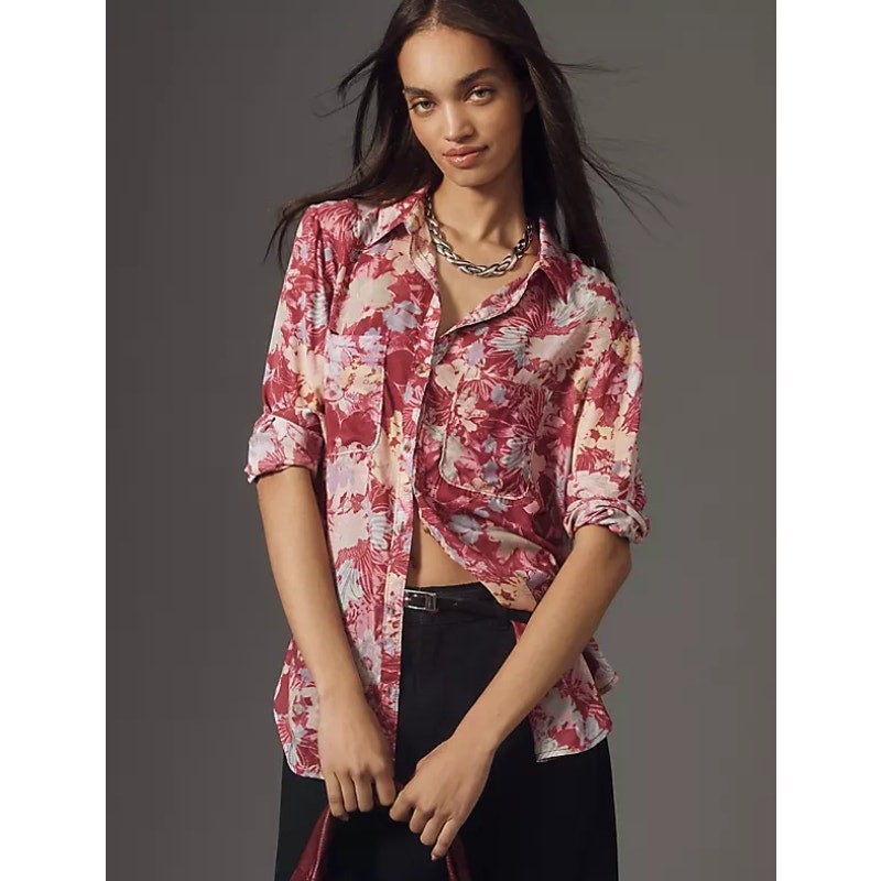 Pilcro Anthropologie Pink Purple Floral Button Down Blouse Women's size XXS