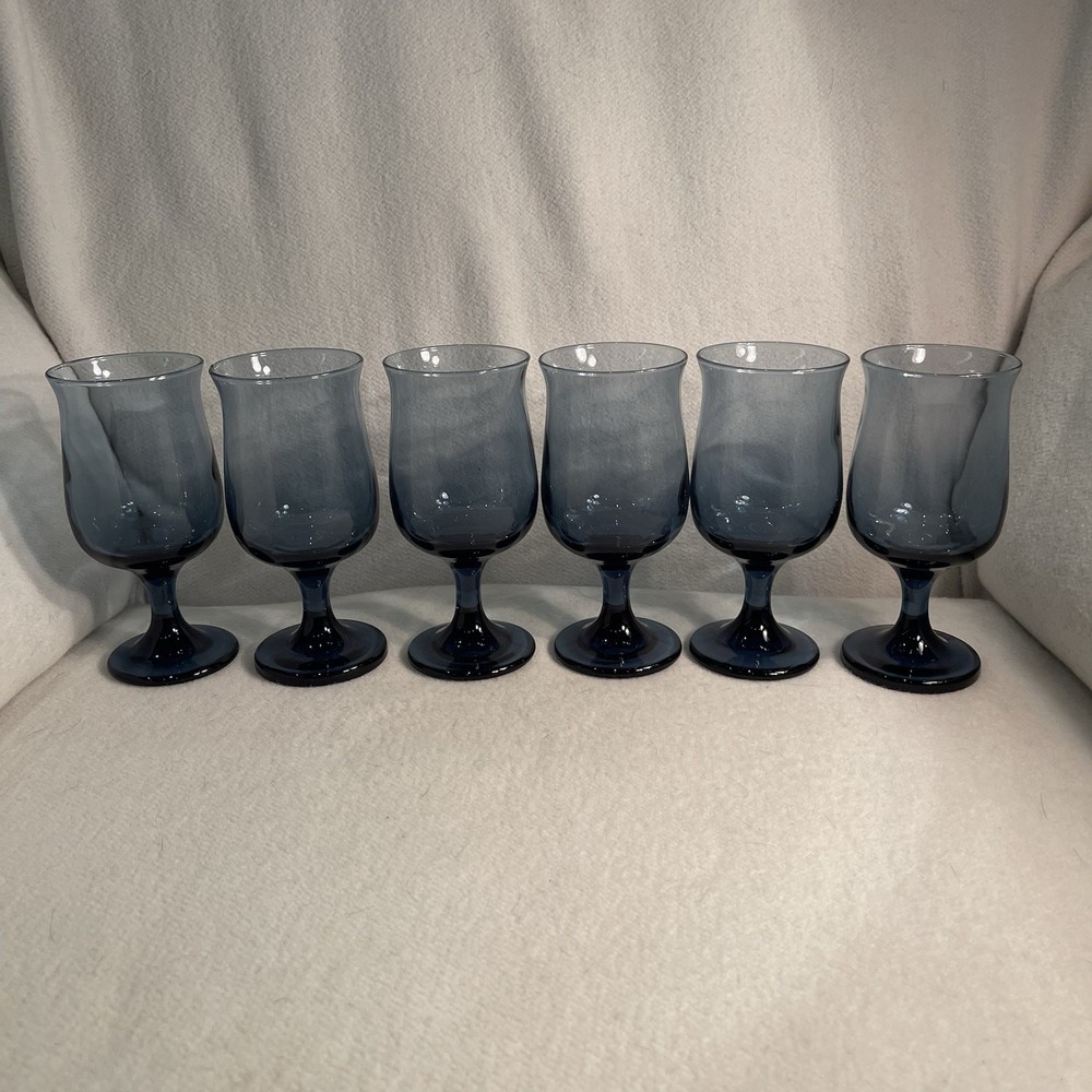 Vintage Libbey Dusky Blue Tulip Wine Glasses Set of 6 5.75 Inch Goblets