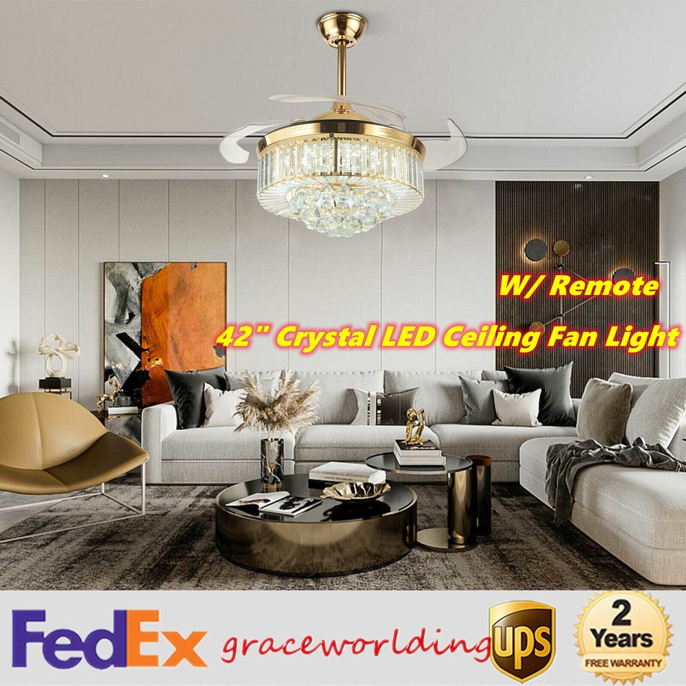 42 Inch Crystal Retractable LED Ceiling Fan with Remote Control and Invisible Blades