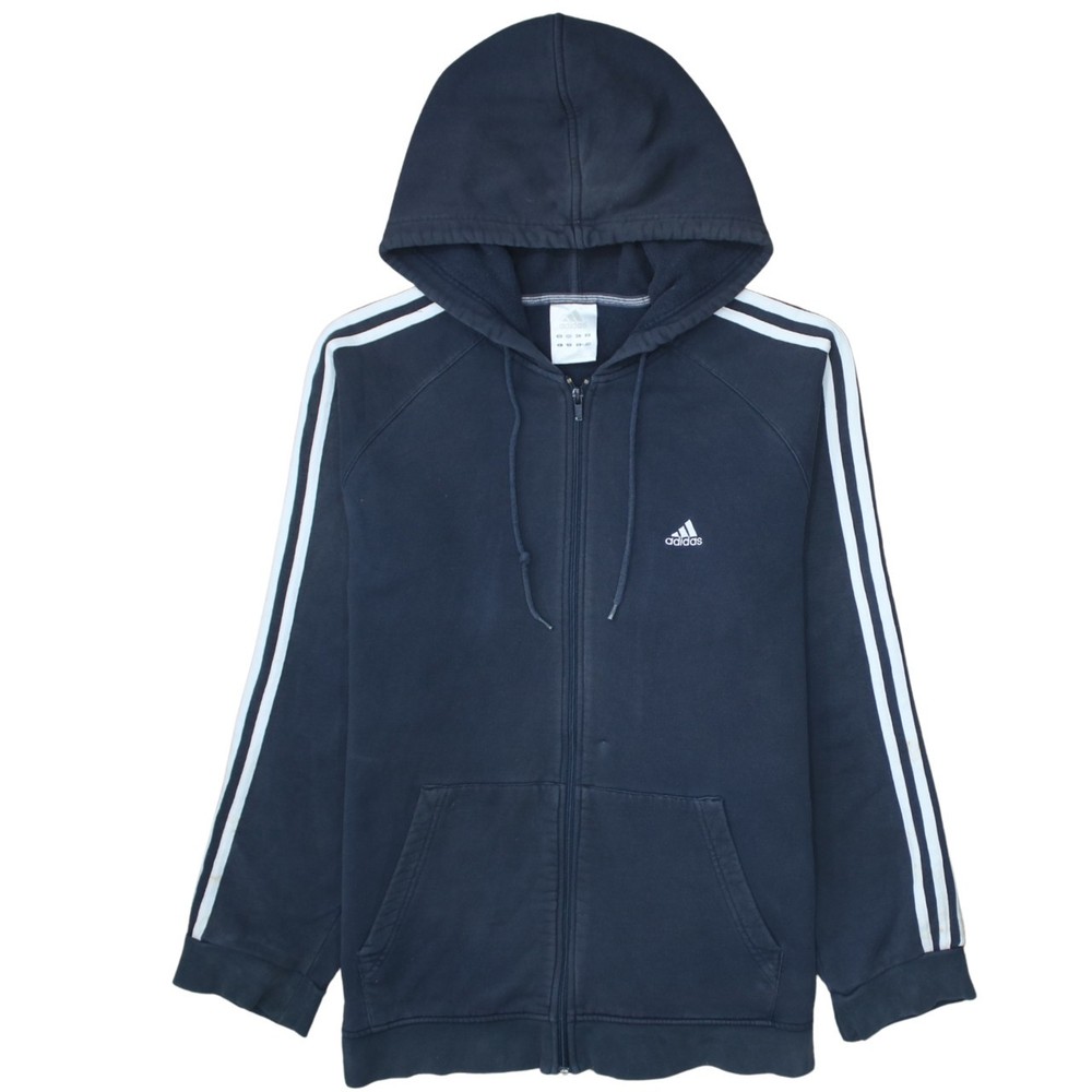 Adidas Womens Hoodie Navy Blue Fleece Zip Up Three Stripe Hooded Pockets Logo L