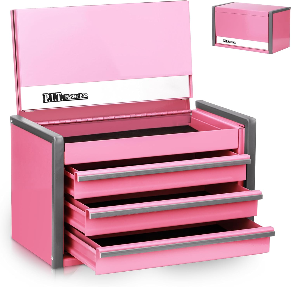 Mini Pink Tool Box, Portable 3 Drawer Steel Stackable Tool Box with Magnetic Tab
