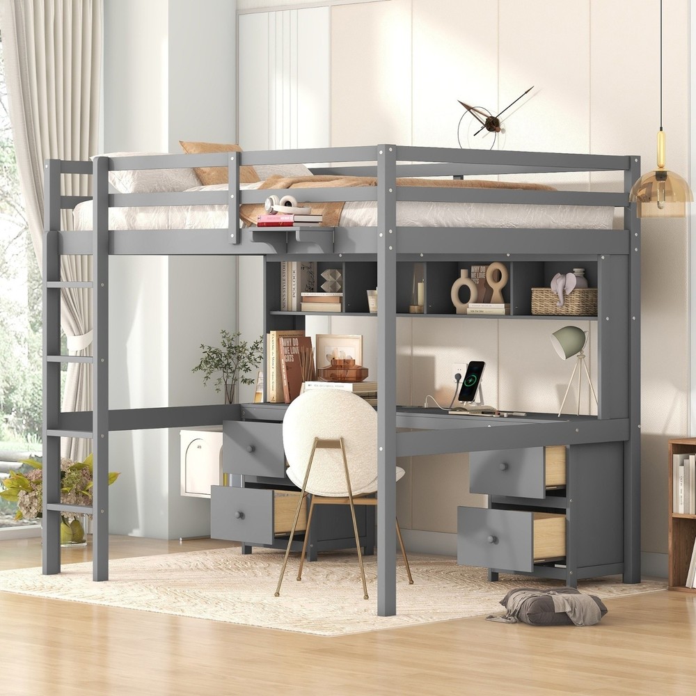 Full Size Loft Bed with Built-In Desk Storage Drawers and Charging Station-image