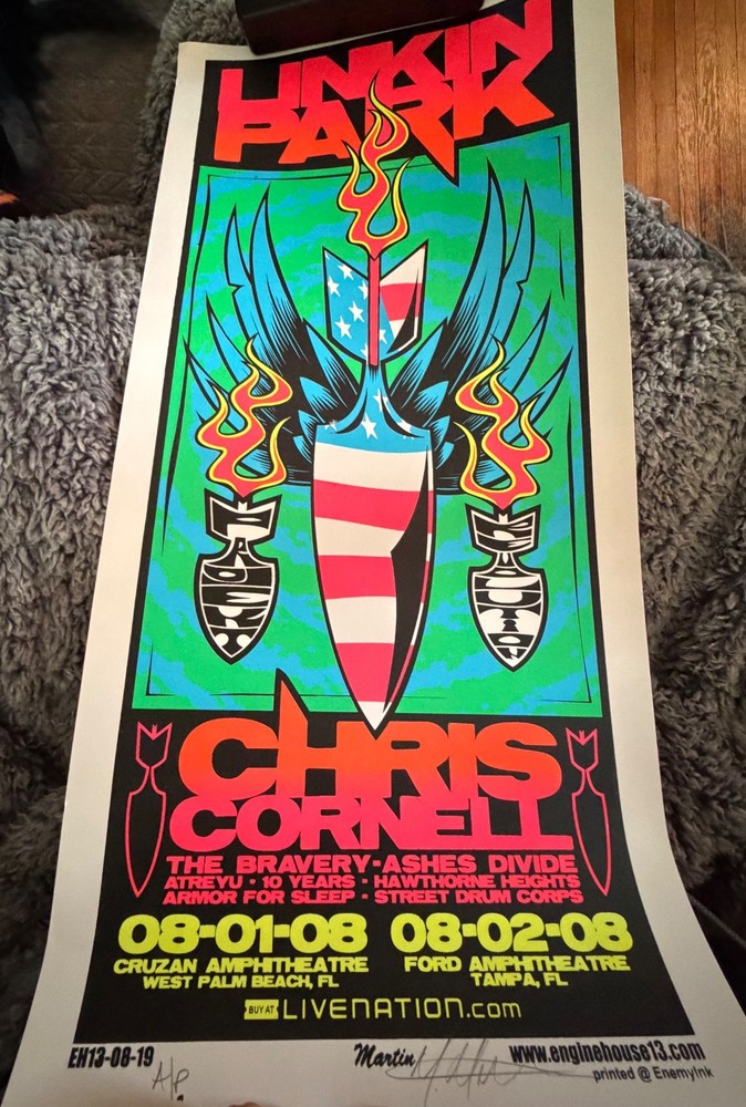 This item is a rare, artist signed screen print concert poster for Linkin Park