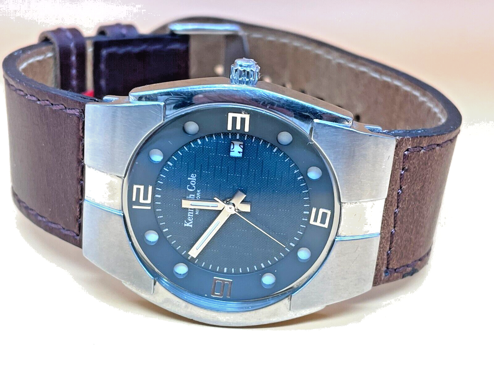 Clearance sale   Kenneth Cole large quartz watch for men genuine leather band-image