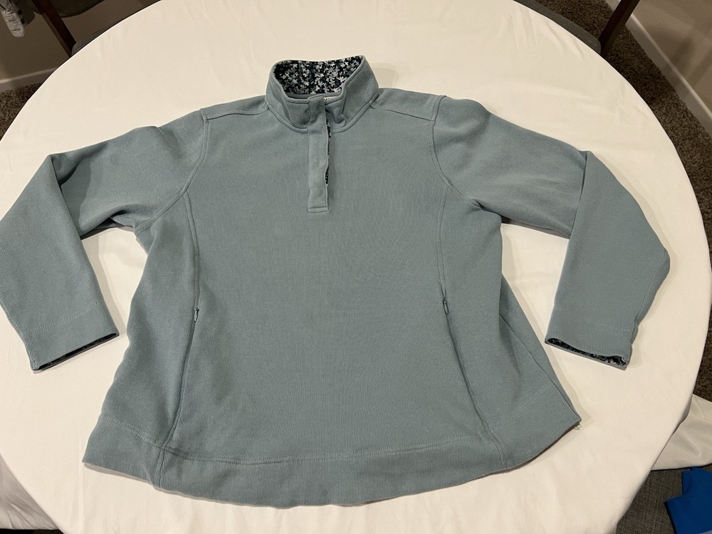Orvis Women's Quilted Snap Sweatshirt XL Pullover Blue Green With Floral Accent