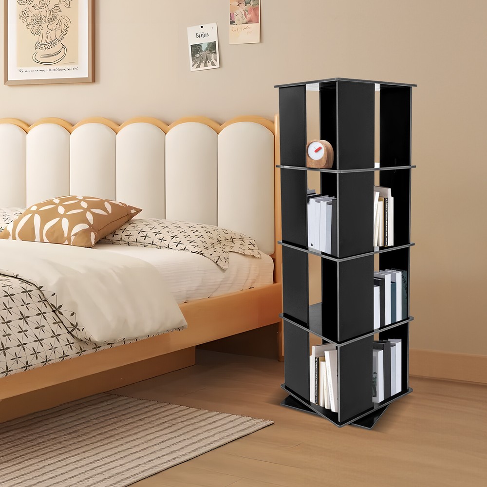 360-Degree Rotating Black Bookcase Shelf - Freestanding Storage & Display Rack