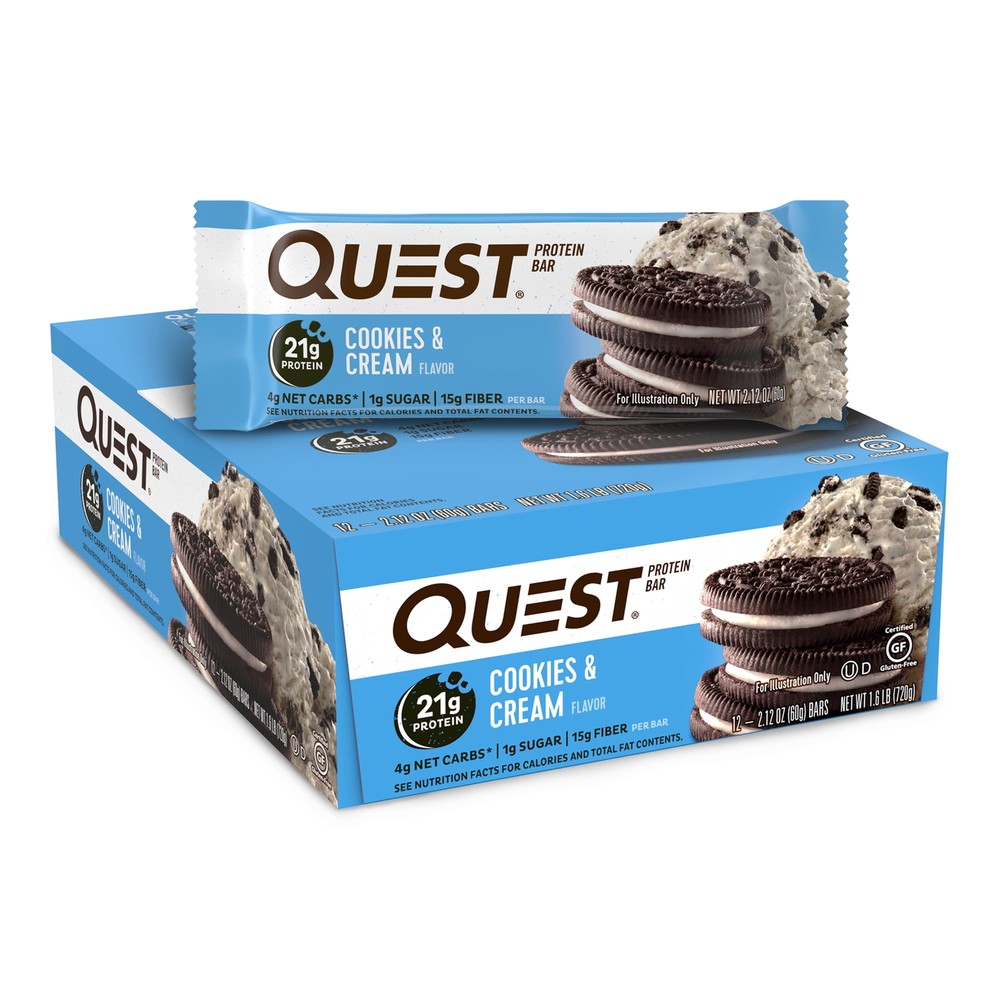 Quest Protein Bar, Cookies & Cream, 21g Protein 12 Ct 4g Net Carbs 15g of Fiber