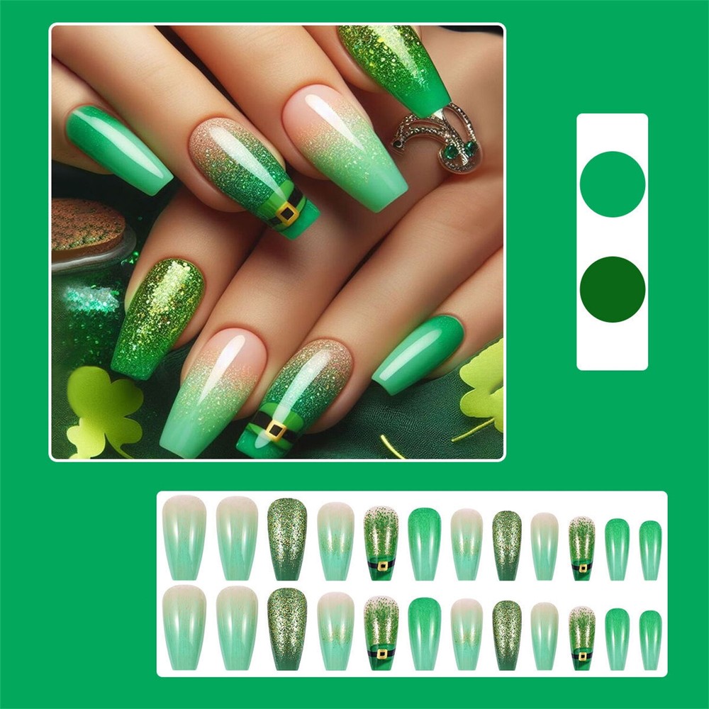 24pcs Green Glitter Coffin Press-On Nails with Gradient Blooming Design