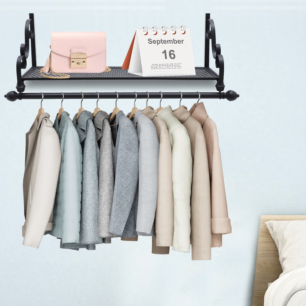 Wrought Iron Wall Mounted Coat Rack With Storage Shelf And Hanging Rod