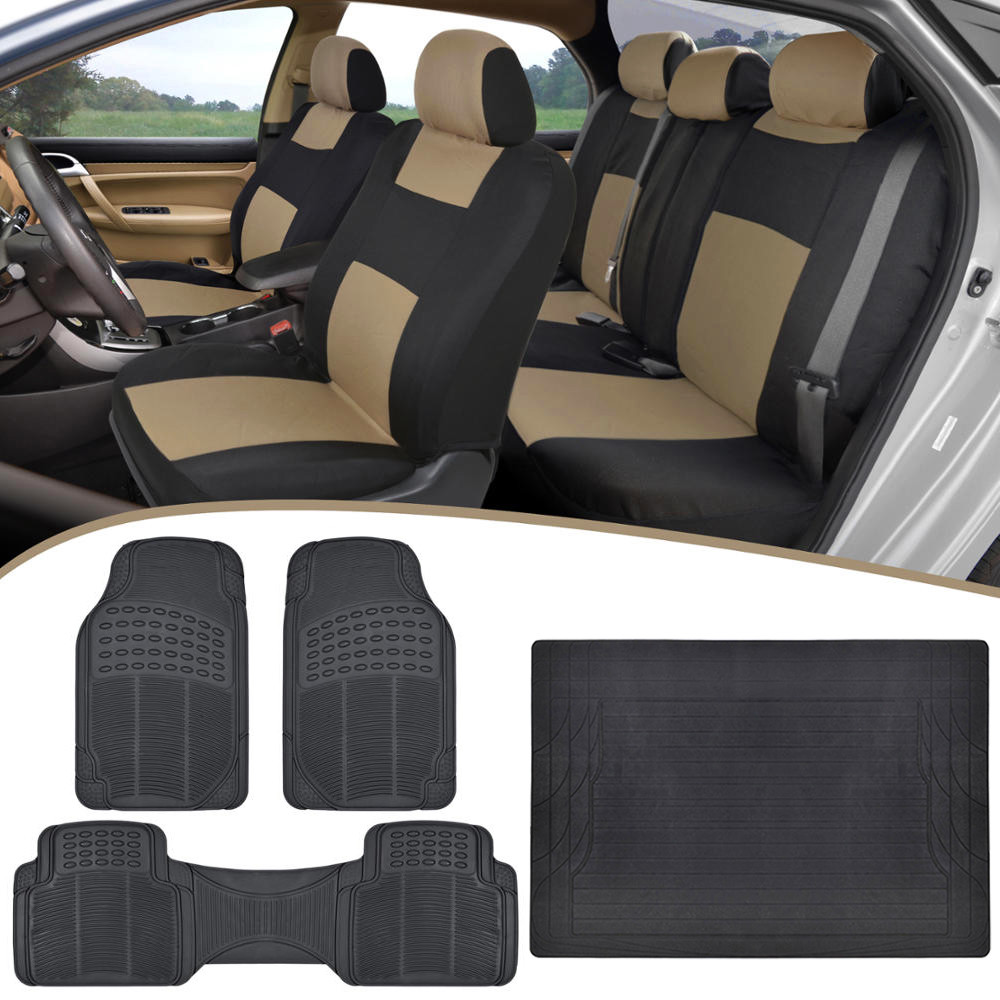 Universal Car Seat Covers, Heavy Duty Rubber Mats, Trunk Liner in Tan & Black