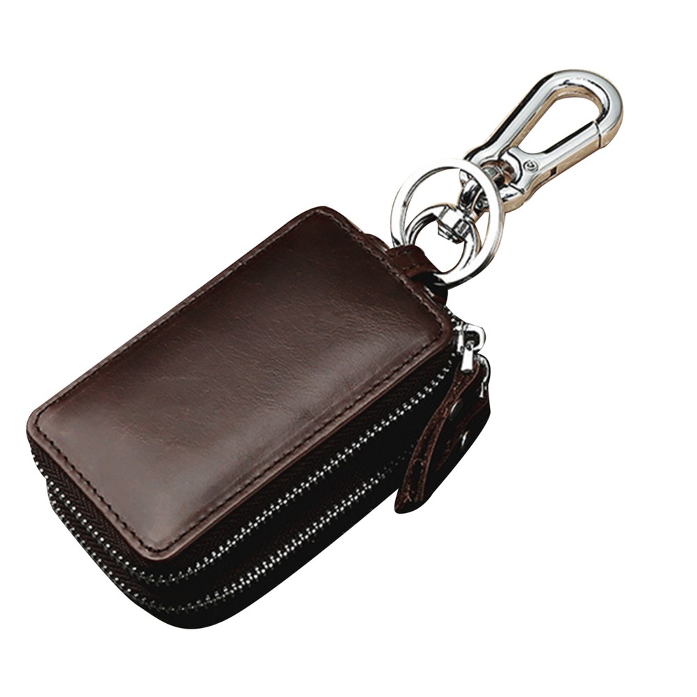 Genuine Leather Car Key Holder Case with Dual Zipper Pouch