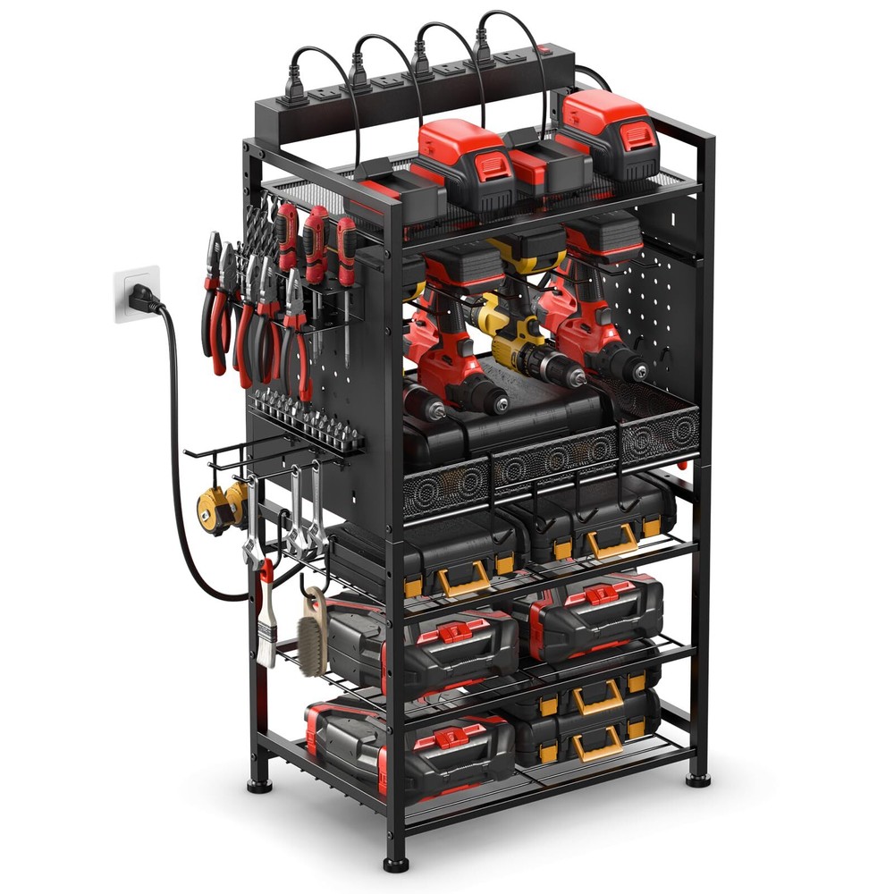 Adjustable Black Power Tool Organizer with Charging Station Storage Rack