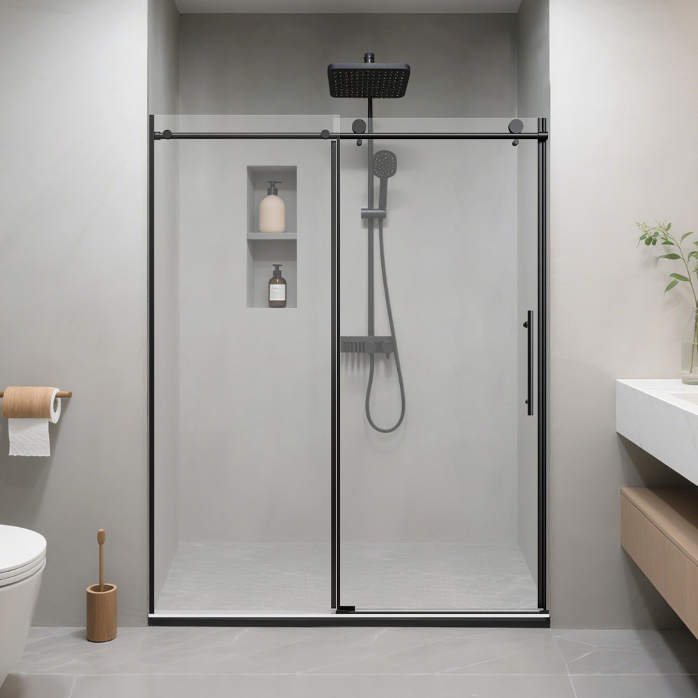 56-60W x 76H Single Sliding Shower Door with 1/4 Clear Tempered Glass in Matte Black