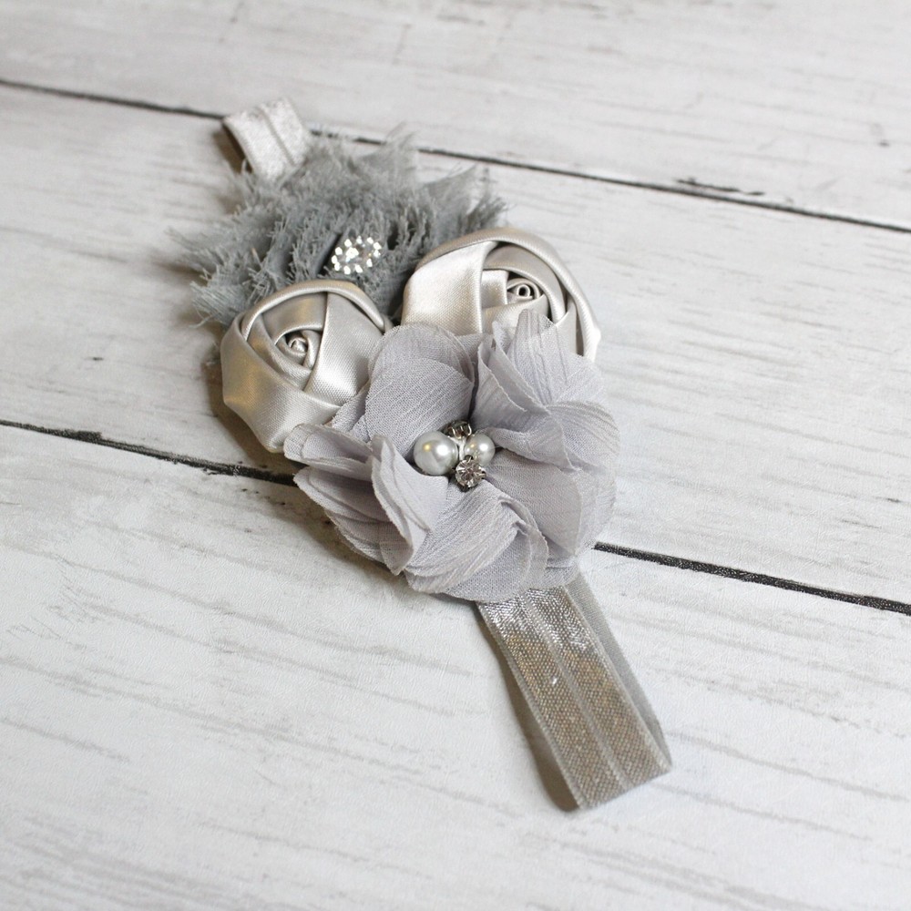 Handmade Gray Satin Rose Beaded Baby Headband One Size