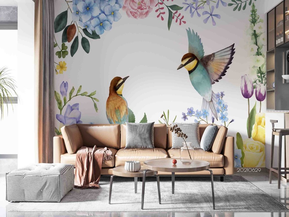 3D Flowers Birds Watercolor Wall Murals Wallpaper Murals Wall Sticker