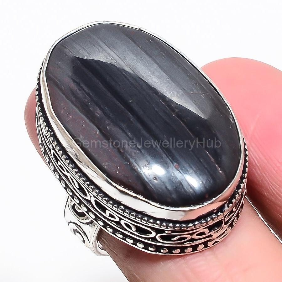 Cyber Monday Sale 925 Silver black tiger's eye Gemstone Promise Band Ring Size 8-image