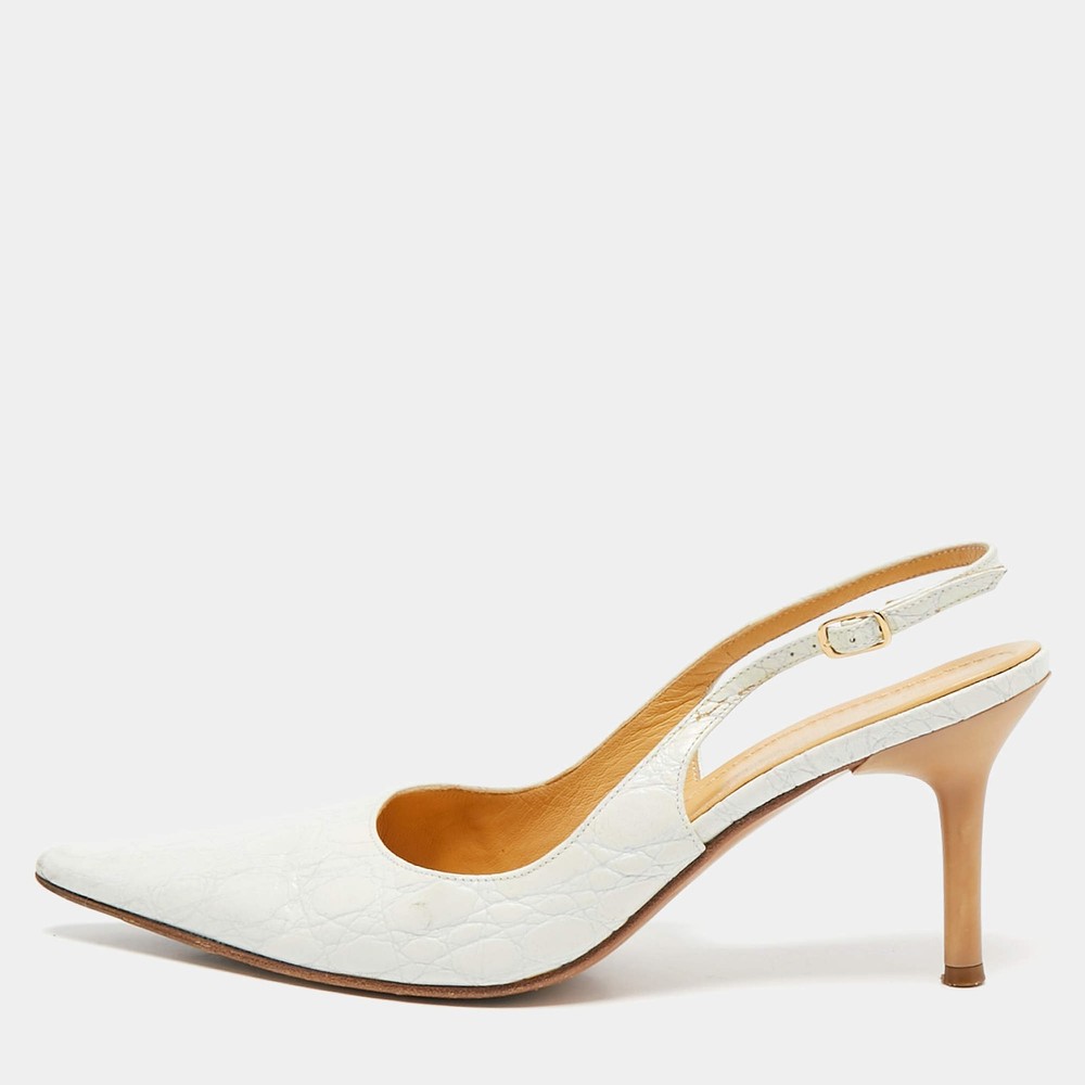 Casadei White Leather Pointed Toe Slingback Pumps Size 375