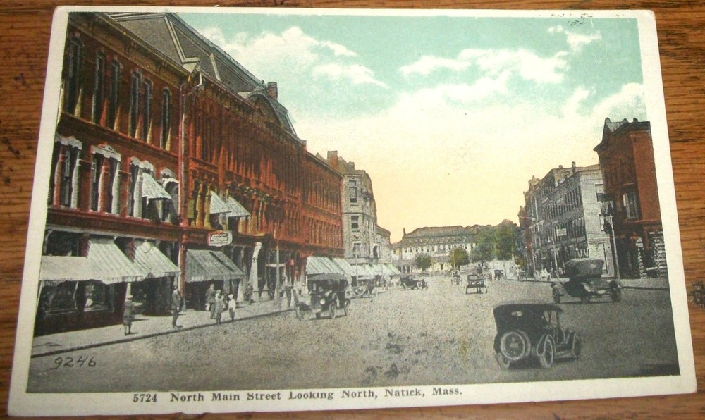 1922 Postcard~North Main Street Looking North Natick Massachusetts Vtg Cars R9