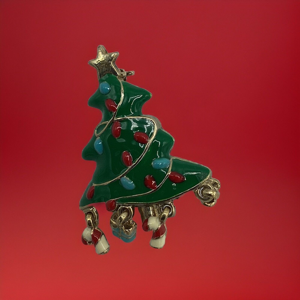 Festive Christmas Tree Enamel Pin with Gifts and Candy Canes-image