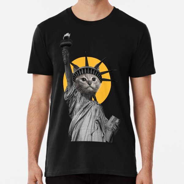 Meowtiful Freedom: A Cat's Touch on Lady Liberty Premium T-Shirt S-5XL