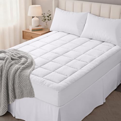 Quilted Fitted Mattress Pad – Soft Pillow Top Mattress Topper, Queen White