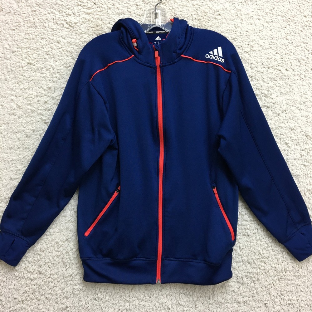 Adidas Mens Small ClimaWarm Full Zip Hooded Jacket with Pockets and Red Trim