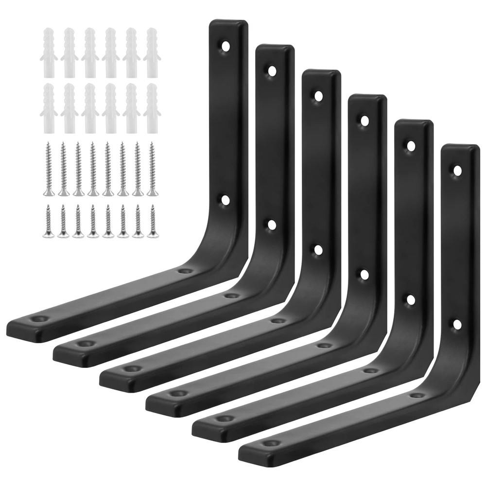 6pcs Black Metal Shelf Brackets 6x5 Inch Heavy Duty Wall Mount Floating Shelves Support L Brackets
