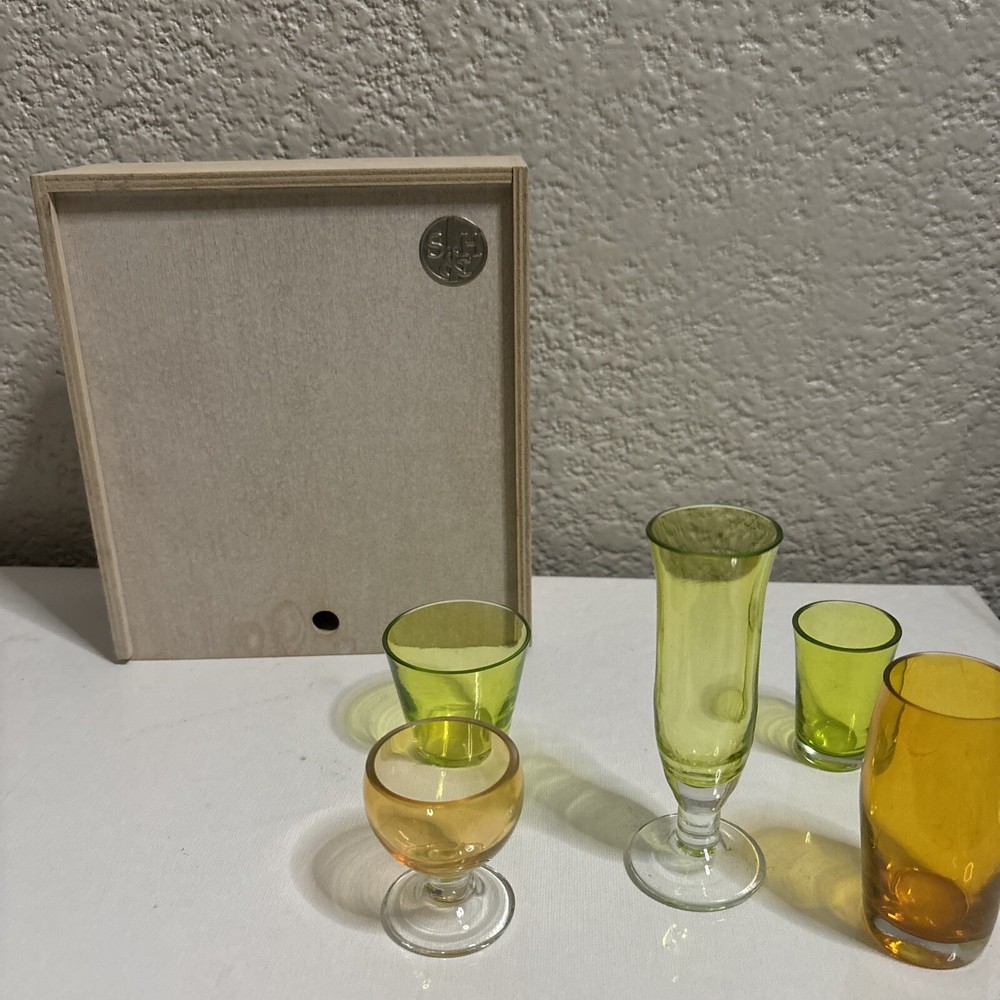 S & H LOT 5 SET EUROPEAN GLASS HAND BLOWN CRYSTAL MULTI COLOR LIQUOR PORT NIB