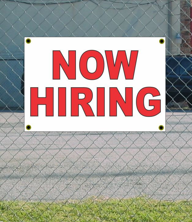 NOW HIRING 2x3 Red & White Banner Sign Discounted Size & Price with Free Shipping