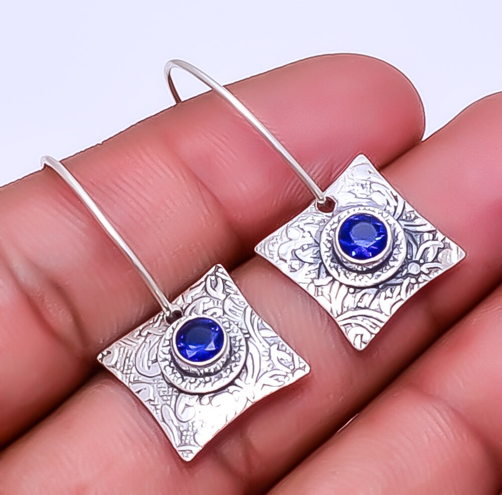 Blue Sapphire (Simulated) 925 Sterling Silver Handmade Earring 1.56