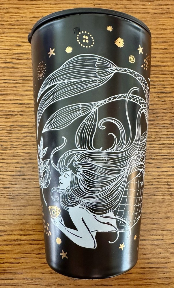 STARBUCKS Mug Travel Siren Mermaid 12oz Ceramic Black/Gold 2019 Tumbler