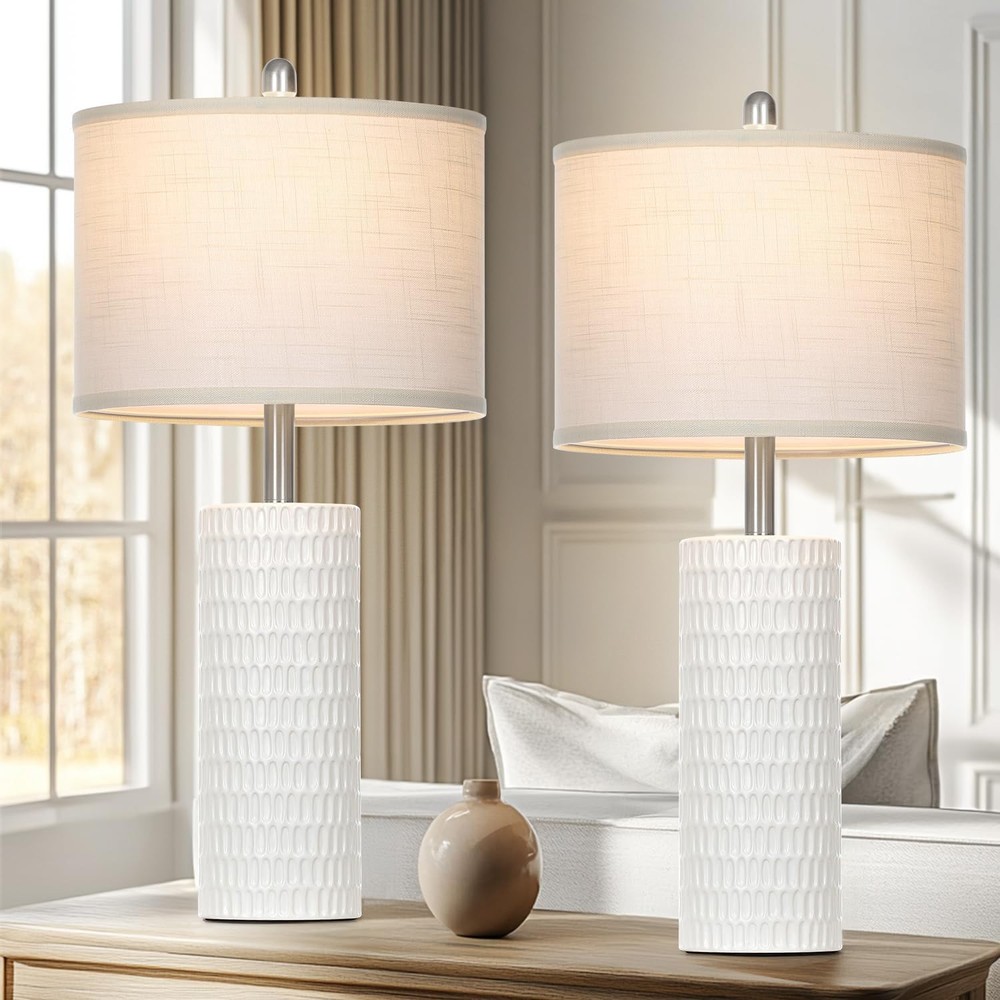 26.5-inch White Ceramic Farmhouse Table Lamp for Living Room