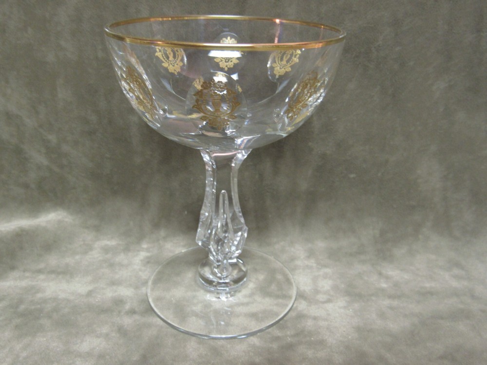 Vintage Tiffin Glass Air Stem Cut Oval w/Gold Floral Vase Engraving Sherbet