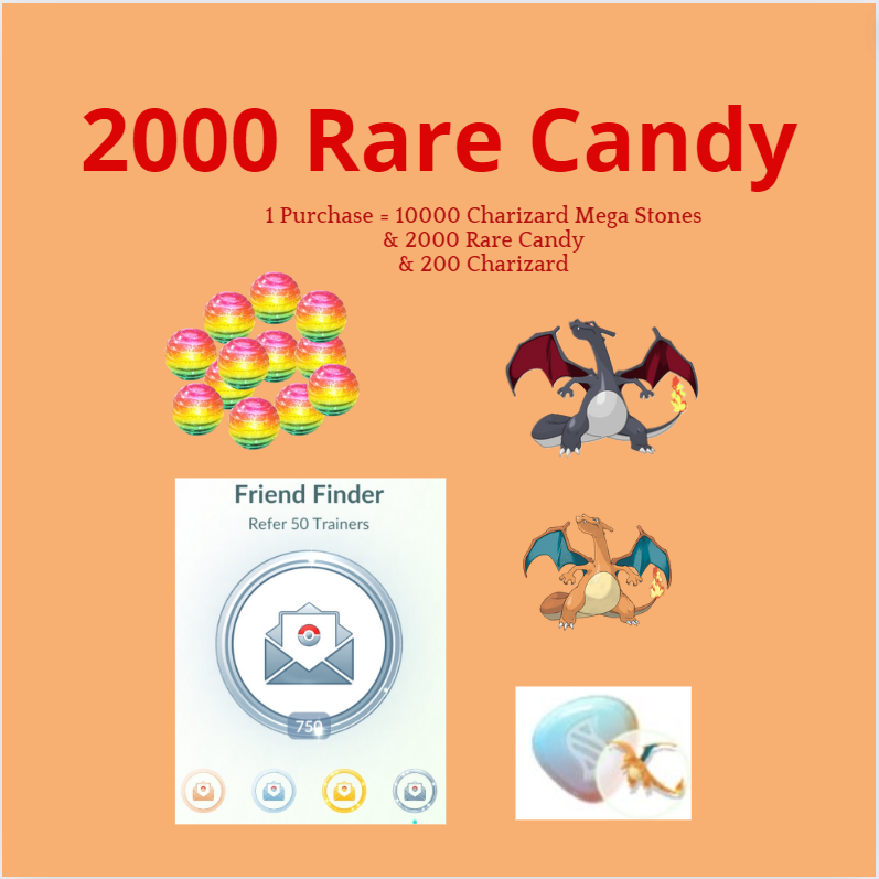 Pokemon Go Bundle - 2000 Rare Candy 200 Charizard 10000 Mega Stones SALE