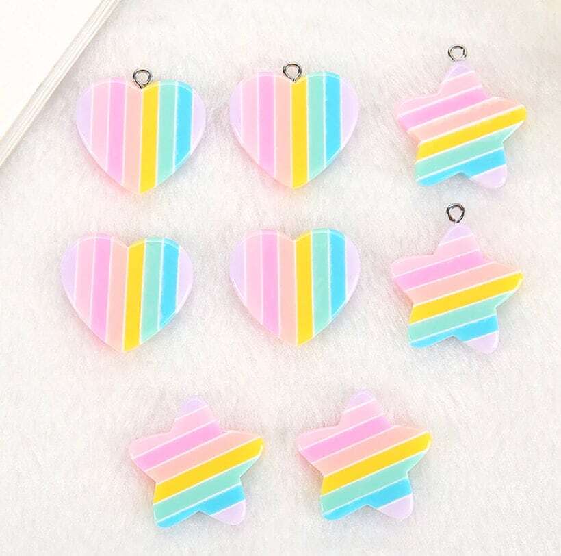 Rainbow Heart and Star Resin Pendants with Eyepins for Crafting