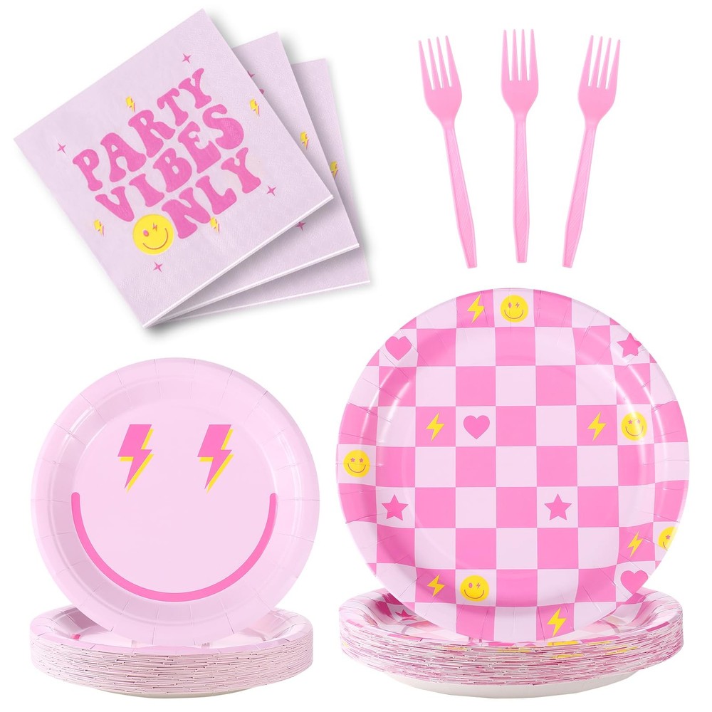 160-Pcs Preppy Smile Face Party Tableware Set for 40 Guests Pastel Plates