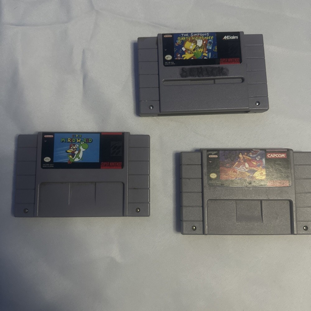 3 Nintendo Games NES Bundle Super Mario World, Aladdin, Barts Nightmare