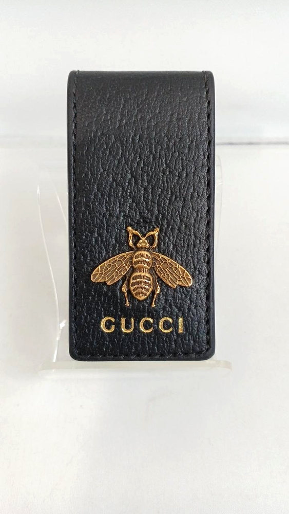 Gucci Animalie Black Leather Gold Bee Money Clip Slim Wallet 2.7x1.3 Inches