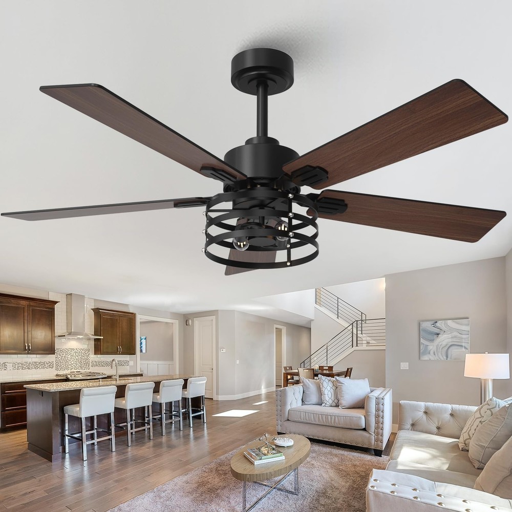 52 Inch Farmhouse Ceiling Fan with Light Kit and Remote Control, Dual Finish 5 Blade Design for Indoor Use