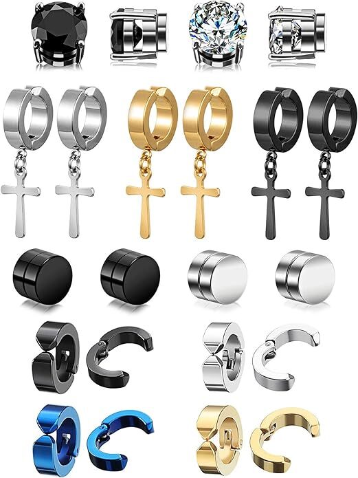 11 Pairs Non-Pierced Earrings Set for Men Women Cross Titanium Steel Hoop Dangle