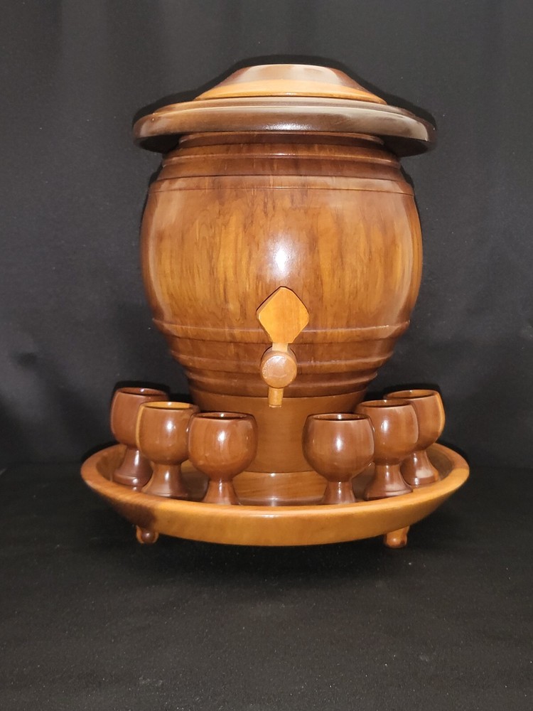 HAND MADE WOOD CONTAINER WITH GLASSES AND SERVING TRAY, Ecuadorian, TIKI