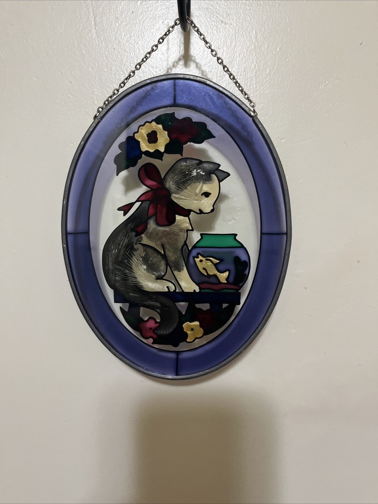 Oval Stained Glass Cat W/ Fish Hanging Window/Wall Decor Approx 8.5” x 5.25