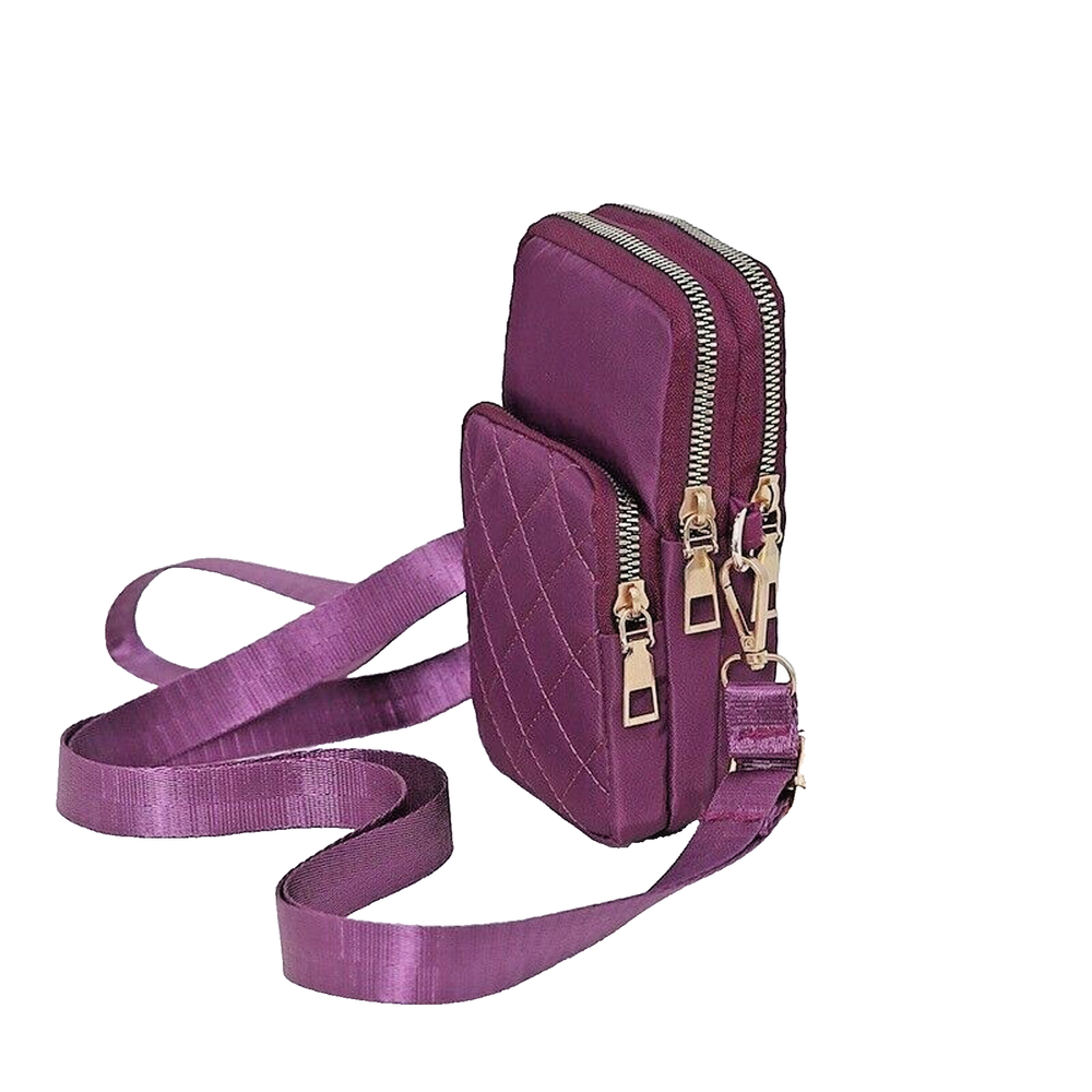 Purple Quilted Light Nylon Adjustable Strap Crossbody Bag Cell Phone Wristlet