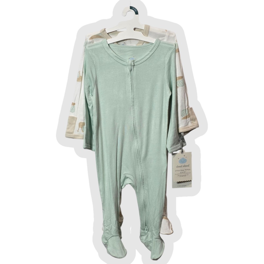 Cloud Island Baby 0-3M 2pk Snails & Mint So Very Soft Modal Blend Sleep N' Play