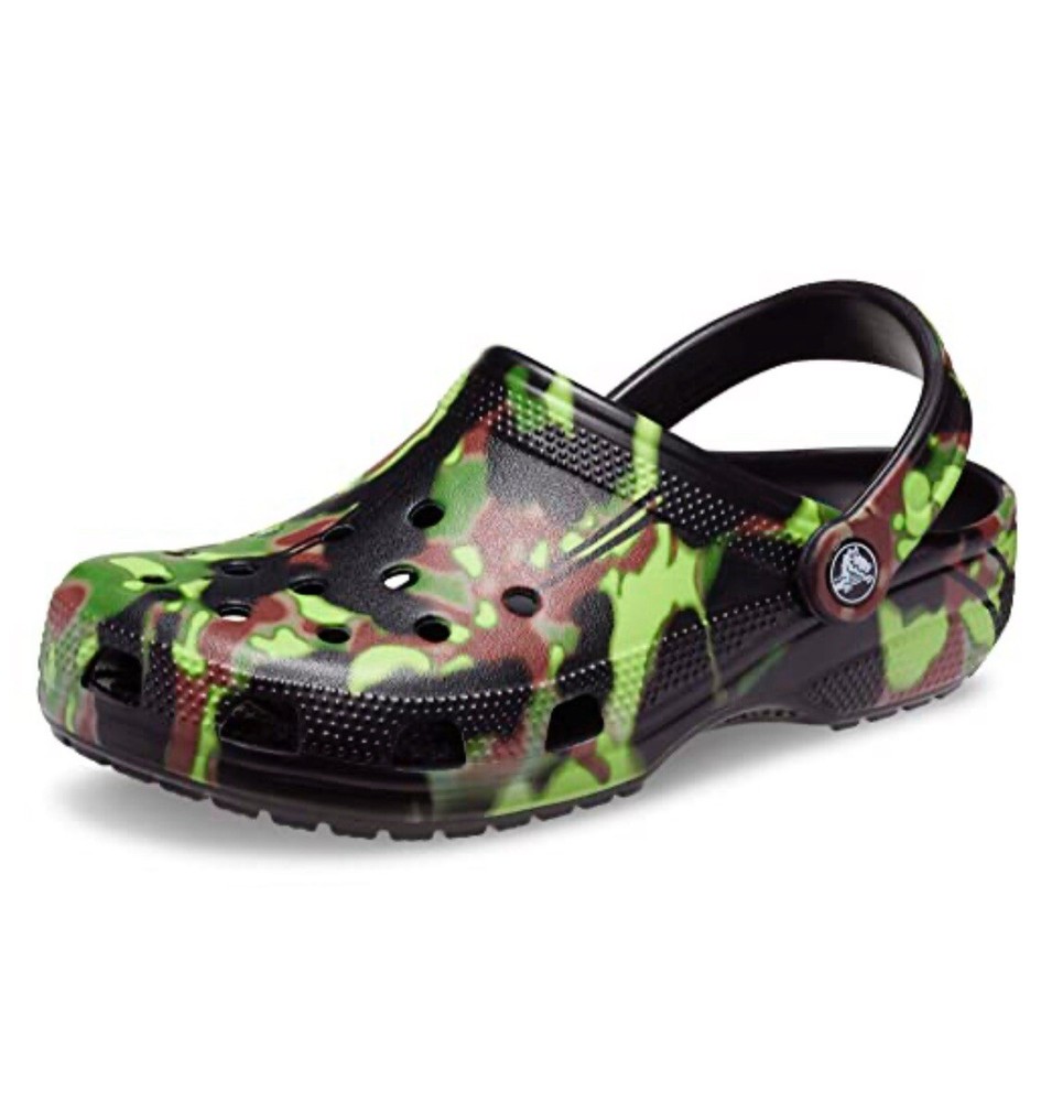Crocs Unisex Classic Camo Clogs, Black, Size M6-W8.